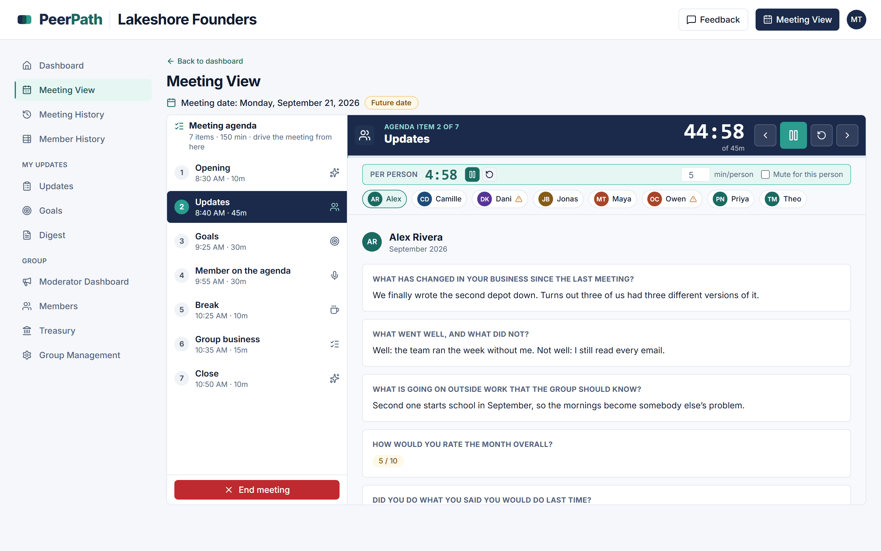 Meeting View partway through a live meeting: agenda item 2 of 7, Updates, with a forty-five minute segment timer running, a per-person row carrying all eight members, and the presenting member's answers to the group's questions open beside the agenda.